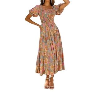 Women's Summer Boho Floral Print Square Neck Long Dress